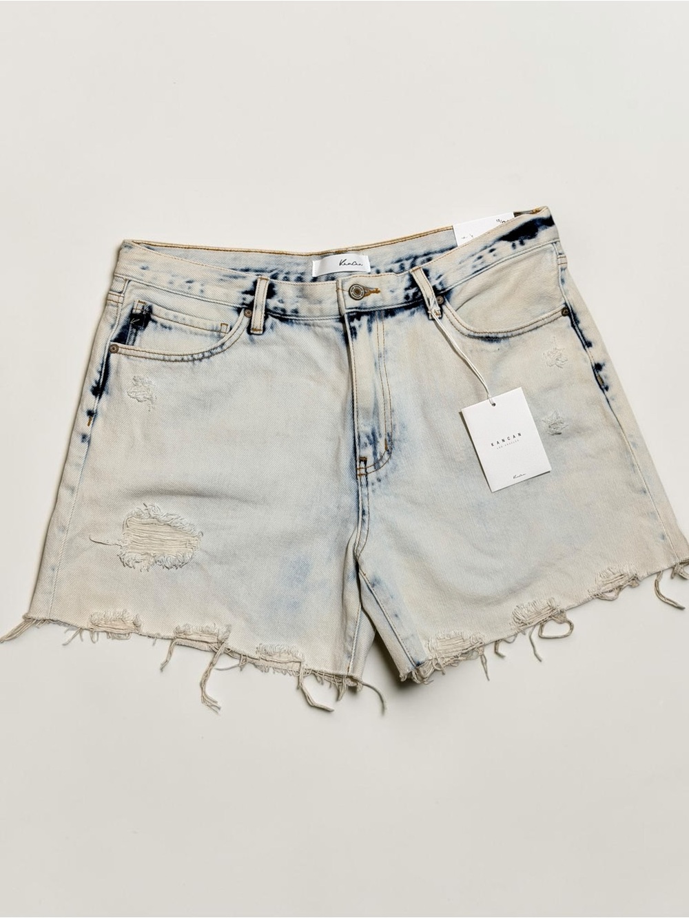 Acid-Wash Distressed Denim Shorts - Light Blue with Dark Blue Accents